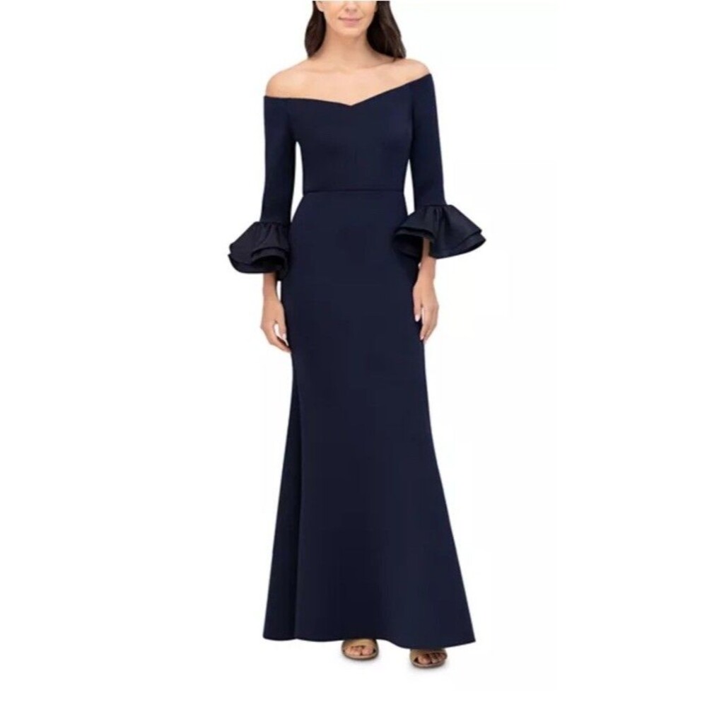 Eliza J Ruffled‎ Sleeve Off Shoulder Mermaid Gown Navy Formal Wedding Guest Sz 6